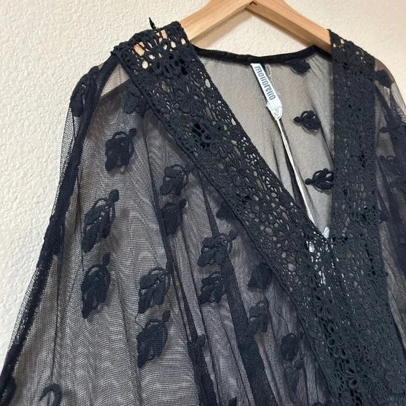 Monoreno Size M Shirt Kimono Black Sheer Embroidered Mesh Lace Boho Oversized - Picture 7 of 8